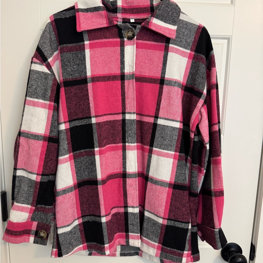 Amazon Women's Pink Plaid Button Down Shirt